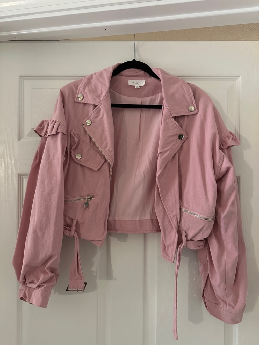 Bubblegum Pink Ruffle-Sleeve Cropped Bomber Jacket